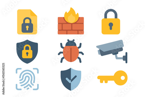 Icons representing cybersecurity elements featuring a padlock, firewall, bug, and more on a clean background