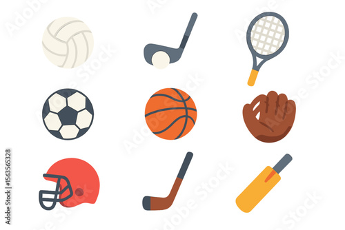 Various sporting equipment displayed in a grid format showcasing popular games and activities in a vibrant design