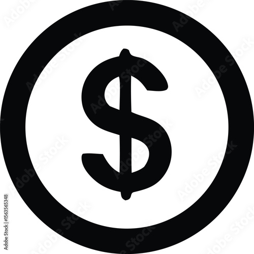 A bold black dollar sign is centrally displayed within a thick black circle on a clean white background