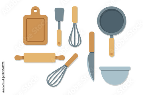 Various kitchen tools arranged on a white background for cooking and baking preparations