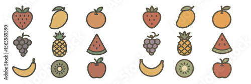 Colorful fruit illustrations arranged in a grid showcasing various types of fruits during a creative design session