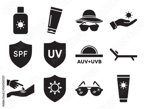 Sun protection and UV care solid glyph icon set for SPF and sunscreen products showing lotion shield and other symbols for skin safety from sun radiation