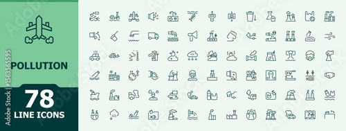 Pollution related icon set. Modern linear icons. Environment icon. Contains outline symbols like eco, environment, ecology, greenhouse, dust and more.