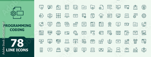 Programming Coding modern icon set. Contains such icons as development, web, coding, develop, program and more. Program modern icon set. Minimalist icons collection. Editable vector illustration.