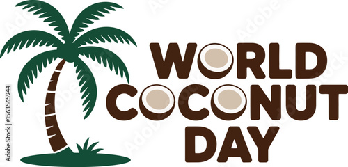 Monochrome illustration for World Coconut Day featuring a coconut drink with a straw and umbrella surrounded by palm leaves perfect for summer celebrations and tropical