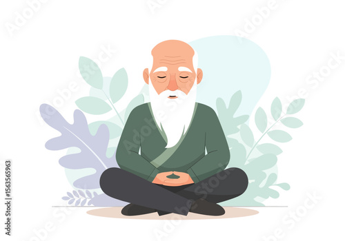 A wise, elderly Asian man with a long white beard sits in a state of deep meditation, conveying peace and serenity against a soft background of stylized leaves.