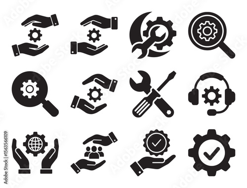 Technical support and IT services glyph icon set for troubleshooting and helpdesk showing wrench gear and other symbols for system repair and maintenance