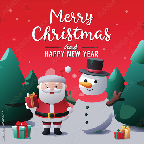 Festive Christmas Illustration with Santa Claus Snowman Presents and Christmas Trees