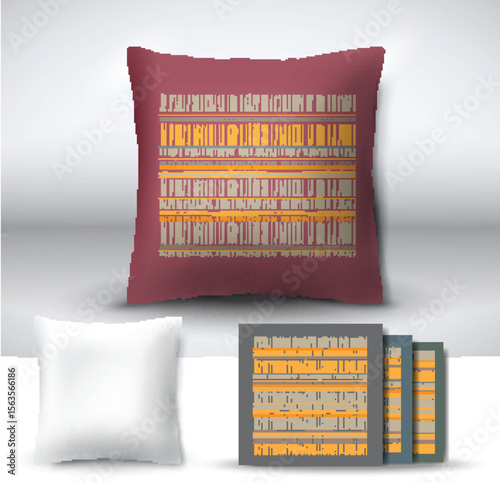 Set of realistic 3d throw pillows with seamless pattern samples. Apartment interior design element. Cushion isolated on a gray background.