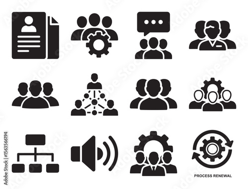 Teamwork and human resources solid icon set for collaboration and management showing people group chart and other corporate organization vector symbols
