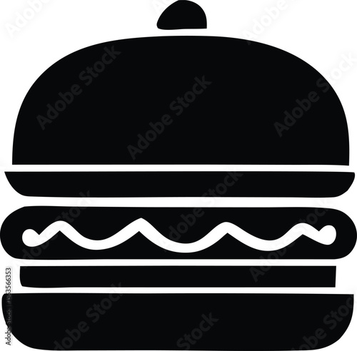Simple black silhouette of a classic hamburger with a bun patty and toppings on a white background