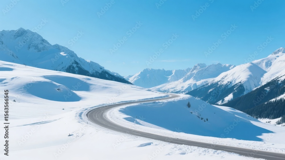 Obraz premium Winding Road Through Snow-Covered Mountains Under Clear Blue Sky