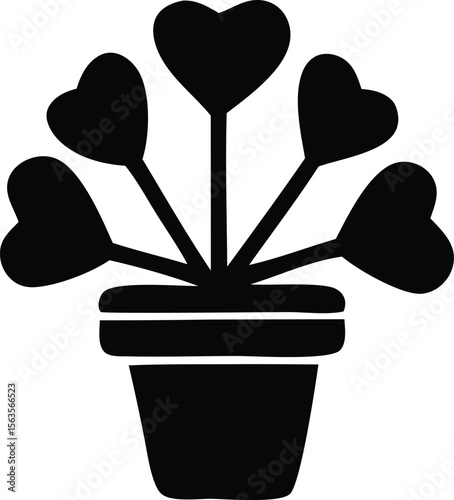A simple black silhouette of a potted plant with five heart shaped leaves radiating outwards from a central stem