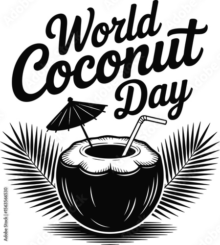 Festive World Coconut Day Illustration with Palm Trees Beach Chairs and a Coconut Drink Under a Yellow Umbrella Celebrating the Tropical Fruit and its Benefits