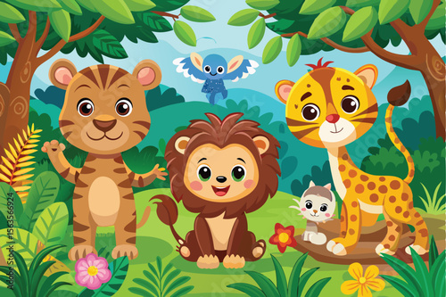 Cartoon Animals in the Jungle with Tiger Lion Giraffe and Bird
