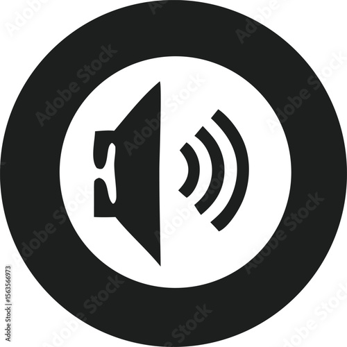 A black and white circular icon featuring a speaker symbol with sound waves emanating outwards representing audio output