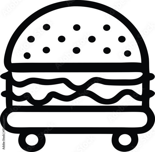 Simple black and white line art icon representing a hamburger with sesame seeds on the bun and wheels