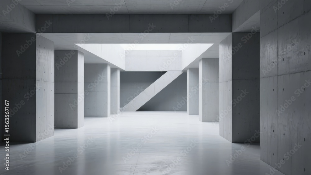 Obraz premium Minimalist Concrete Interior with Staircase and Pillars