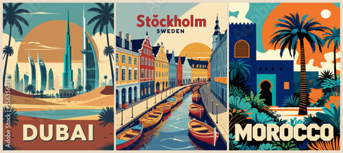 Set of retro travel posters featuring Dubai, Stockholm, and Morocco. Colorful vector illustrations with iconic architecture, landscapes, and vintage tourism vibes