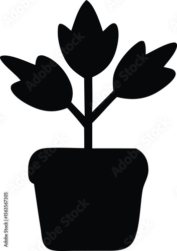 Simple black silhouette of a potted plant with three distinct leaves and a sturdy stem against a white background