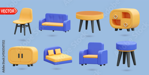 3D vector illustration features colorful home furniture icons, including chairs, sofas, tables, and storage units, perfect for interior design, home decor, and living room concepts
