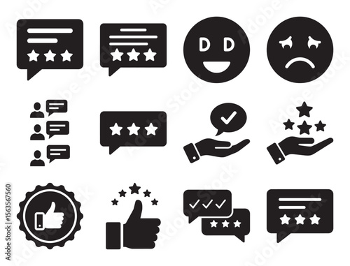 User feedback and testimonials glyph icon set for positive and negative reviews showing star rating like hand and other customer satisfaction symbols