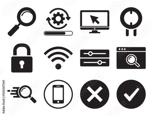 User interface and web navigation solid glyph icon set for essential UI elements showing search settings and other controls for website and app design