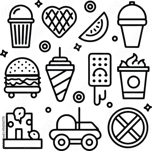 A delightful collection of black and white line art icons featuring various food items treats and playful elements arranged on a clean white background