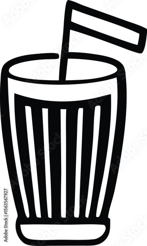 Simple black and white line drawing of a tall glass filled with a drink and a straw