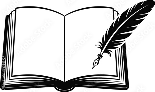 Open book with a quill pen resting on the pages. Black and white illustration for writing, education, or literature.