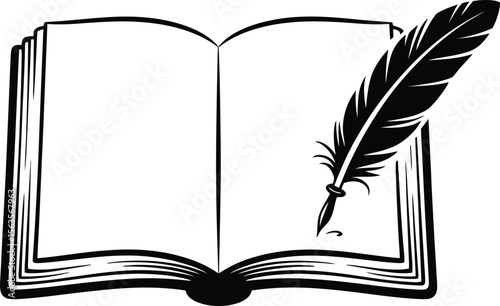 Open book with a quill pen resting on the pages. Black and white illustration for writing, education, or literature.