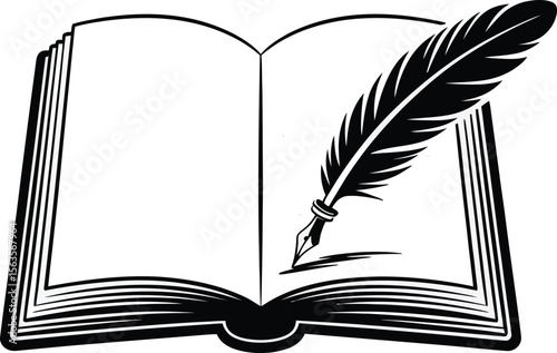 Open book with a quill pen resting on the pages. Black and white illustration for writing, education, or literature.