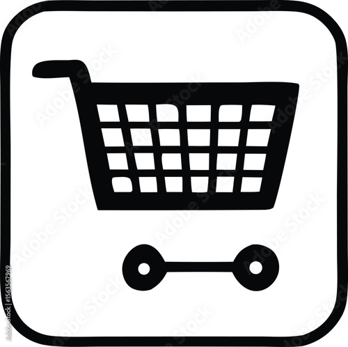 Simple black and white icon representing a shopping cart with a grid pattern and two wheels enclosed in a rounded square