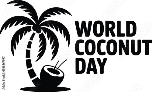 Black and white illustration for World Coconut Day featuring a palm tree and a halved coconut. Minimalist design.