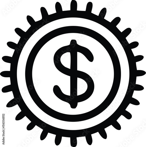 Stylized black and white dollar sign encased in a gear or sunburst emblem
