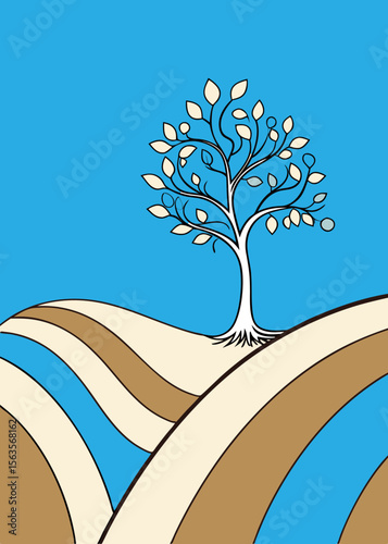 Stylized illustration of a lone tree on rolling hills, a concept of nature and environment, wavy abstract flat vector