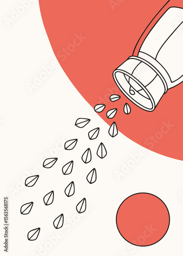  Illustration of salt being poured from a salt shaker, vector icon style sea salt crystals scattered