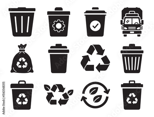 Waste management and recycling glyph icon set for environmental and eco concepts showing trash can recycle symbol and other garbage disposal elements