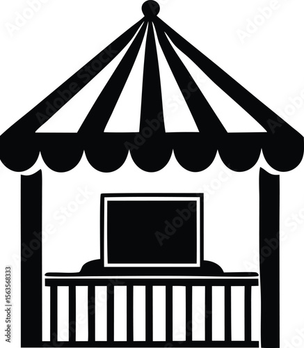 Simple black silhouette of a carnival game booth with a striped awning and a blank sign for customization