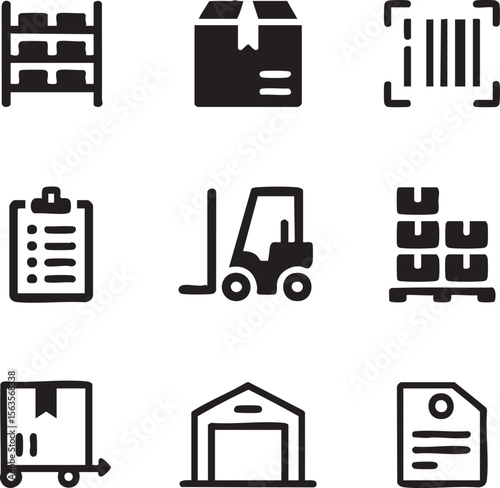 Nine Black and White Minimalist Icons Depicting Warehouse Inventory Management Processes Including Shelves Boxes Forklift Pallet Jack and Documents