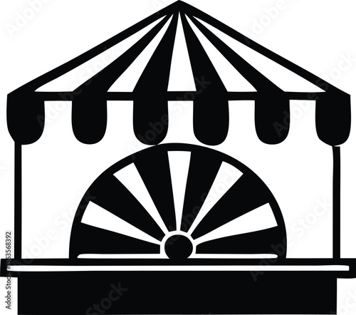 Stylized black and white illustration of a carnival game booth with a sunburst wheel evoking a classic fairground atmosphere