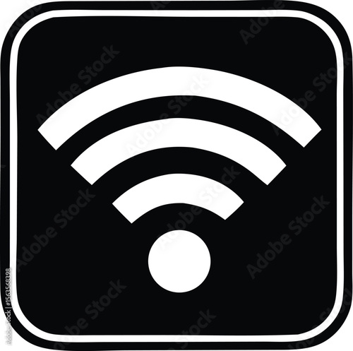 A simple black and white icon representing wireless internet connectivity with radiating signal waves and a central circle