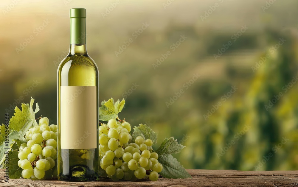 Fototapeta premium White wine bottle with grapes in vineyard