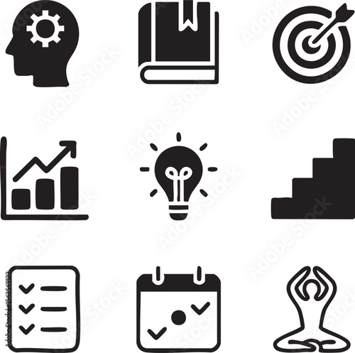 Nine Black and White Minimalist Self Development Icons Set Gear in Head Book Target Graph Lightbulb Stairs Checklist Calendar Yoga Pose