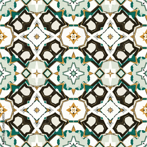 An elegant seamless pattern captures the intricate geometric beauty of traditional Moroccan Zellige tilework in a sophisticated palette of teal, gold, and black.