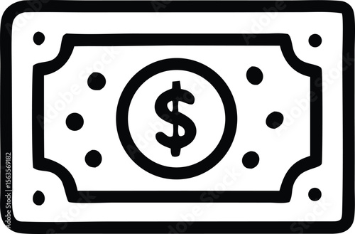 Simple black and white doodle icon of a dollar bill with a prominent dollar sign in the center