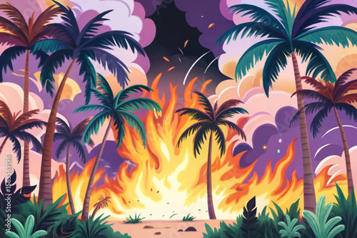 jungle blaze consumes the dense forest cartoon, igniting flaming vines and causing palm trees to explode in a dramatic display of wildfire destruction