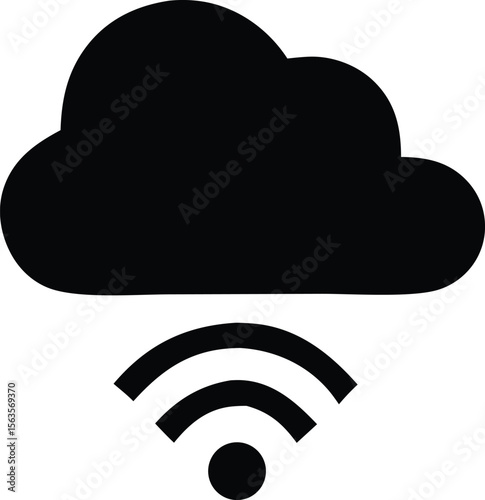 Black cloud icon connected to a wi fi signal symbol representing wireless internet access and cloud computing services