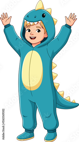 Happy young child wearing a fun blue dinosaur costume with arms raised high