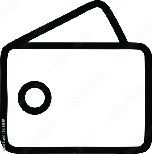 Simple black and white outline icon representing a wallet with a circular detail on its front suitable for digital interfaces and financial themes
